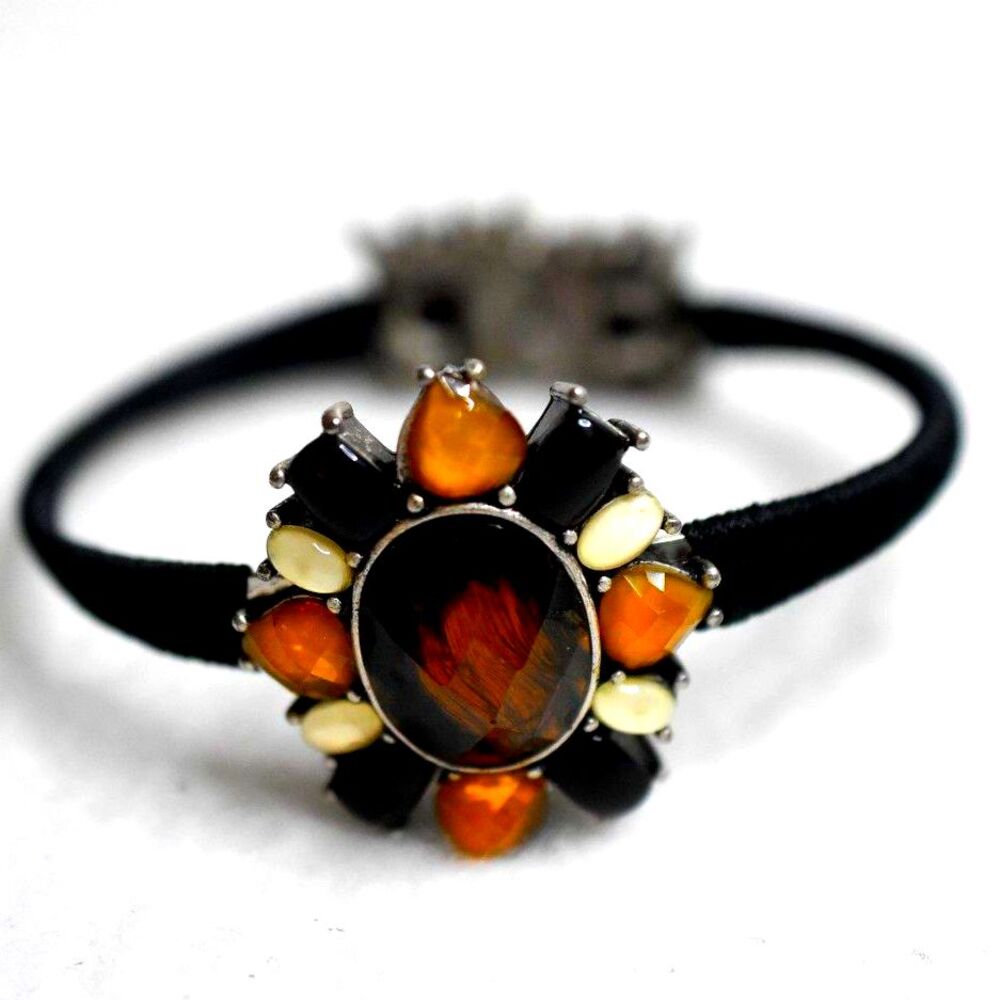 Art Deco Amber/Black Rhinestone Victorian  Gothic Hinged Bracelet